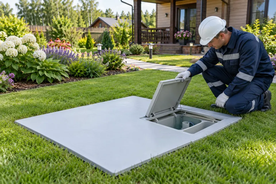 Установленный септик Топас: над газоном только крышка